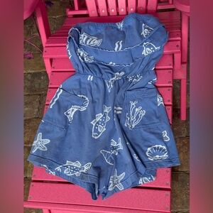 Blue Strapless Seashell Print Romper with Elastic Waist